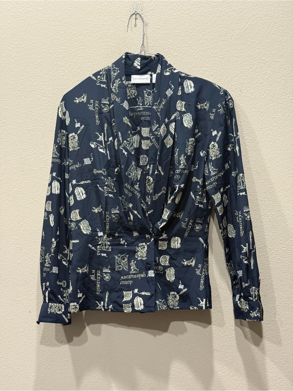 Vintage Liz Claiborne Collection Blouse Women's Button Up Alphabet Printed